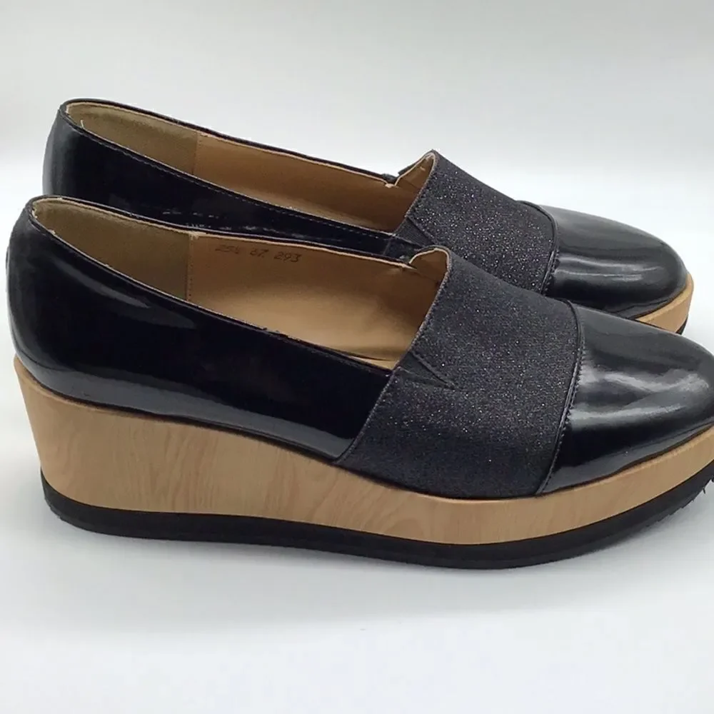 Platform New Shoes Black Patent Leather Slip On Style Woodgrain Wedge Size 8.5